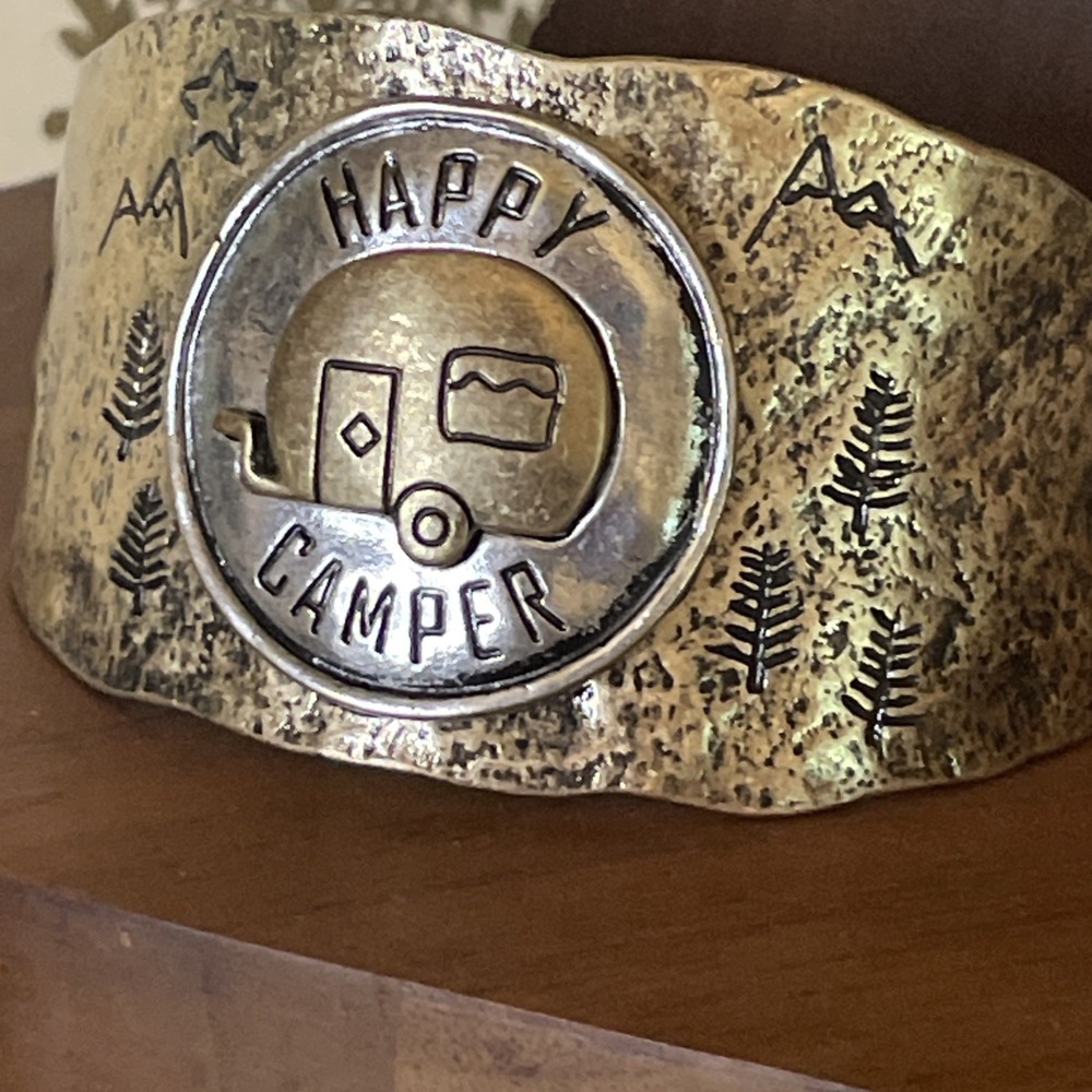 Cuff Bracelet Pounded‎ Metal | Happy Camper | Leather Cord Beads Closure